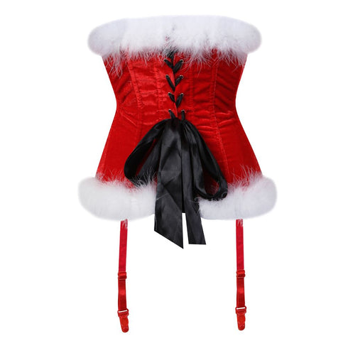Women's Christmas Feather Velvet Santa Costume Bustier Corset Top Garter