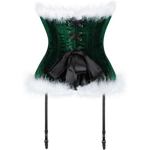 Women's Christmas Feather Velvet Santa Costume Bustier Corset Top Garter