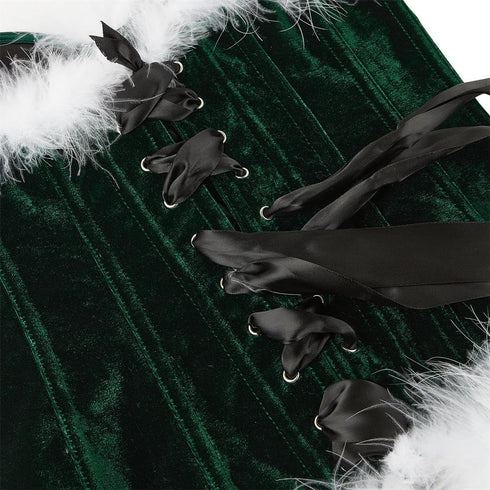 Women's Christmas Feather Velvet Santa Costume Bustier Corset Top Garter