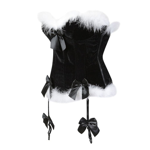 Women's Christmas Feather Velvet Santa Costume Bustier Corset Top Garter