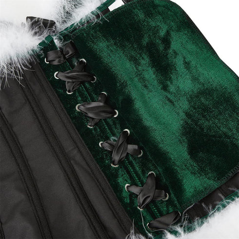 Women's Christmas Feather Velvet Santa Costume Bustier Corset Top Garter