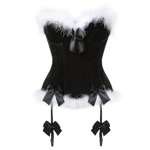 Women's Christmas Feather Velvet Santa Costume Bustier Corset Top Garter