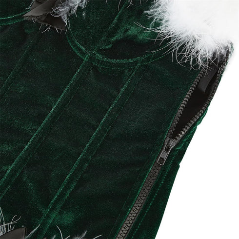 Women's Christmas Feather Velvet Santa Costume Bustier Corset Top Garter