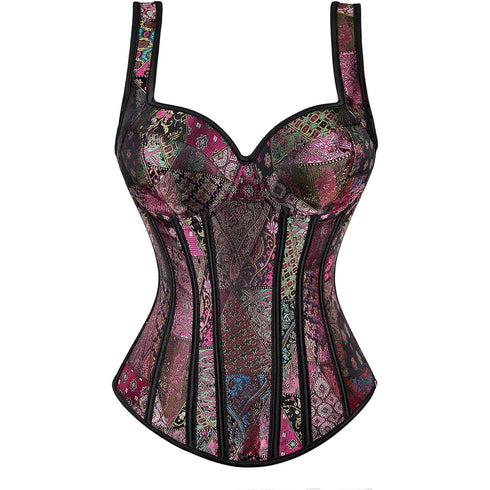 Women's Gothic Jacquard Shoulder Straps Tank Overbust Corset Bustiers