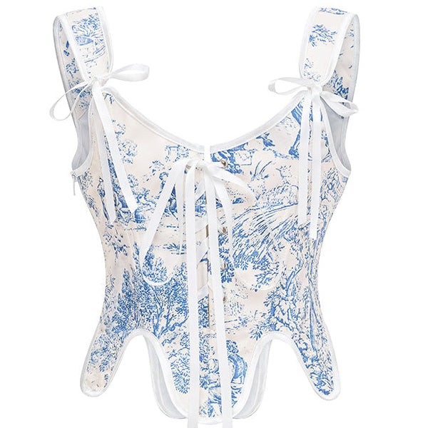 Womens Vintage Floral Print Grommet Lace Up Tie Front Overbust Corset Bustier Top