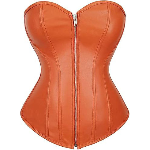 Zipper Front Faux Leather Overbust Corset Bustier Tops