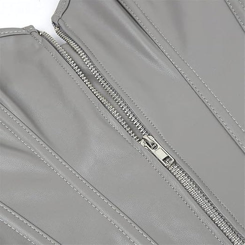 Zipper Front Faux Leather Overbust Corset Bustier Tops