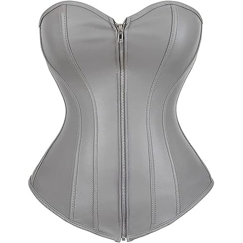 Zipper Front Faux Leather Overbust Corset Bustier Tops
