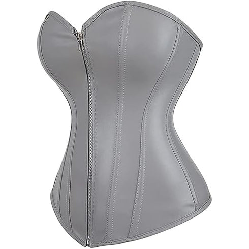 Zipper Front Faux Leather Overbust Corset Bustier Tops