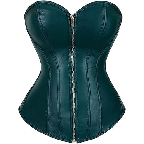 Zipper Front Faux Leather Overbust Corset Bustier Tops
