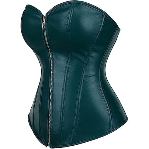 Zipper Front Faux Leather Overbust Corset Bustier Tops