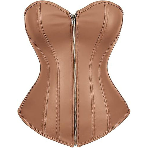 Zipper Front Faux Leather Overbust Corset Bustier Tops