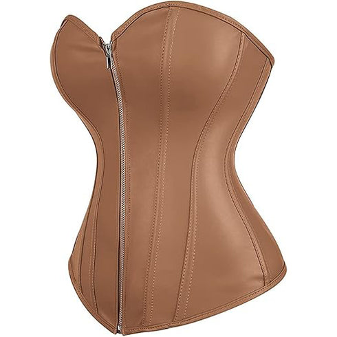 Zipper Front Faux Leather Overbust Corset Bustier Tops