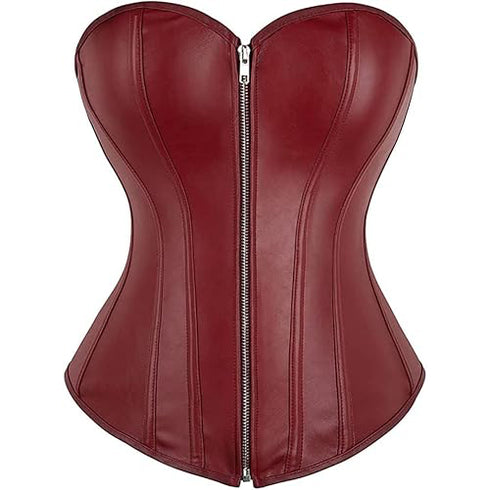Zipper Front Faux Leather Overbust Corset Bustier Tops