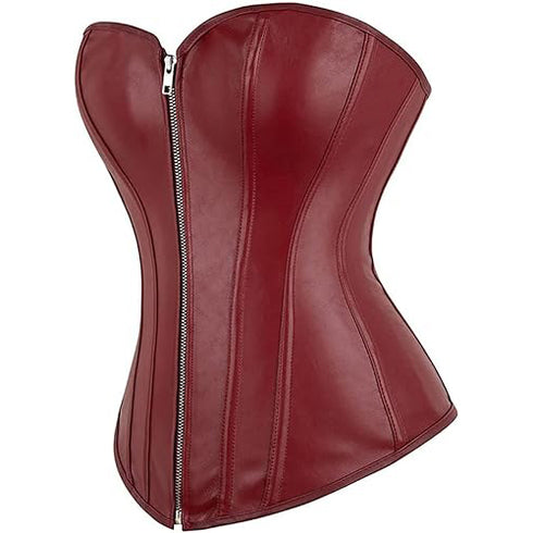 Zipper Front Faux Leather Overbust Corset Bustier Tops