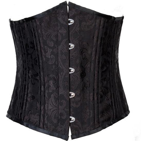 A black brocade underbust corset with front busk closure and steel boning.