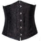 A black brocade underbust corset with front busk closure and steel boning.