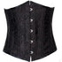 A black brocade underbust corset with front busk closure and steel boning.