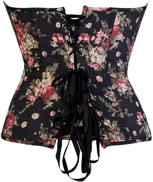 Retro Elegant Floral Print Denim Overbust Sweetheart Corset