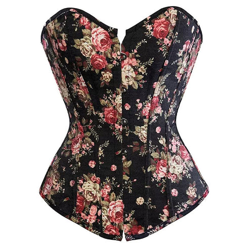Retro Elegant Floral Print Denim Overbust Sweetheart Corset