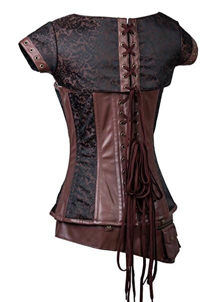 Brocade Steampunk Corsets with Pouch Belt Brown Color Clothing