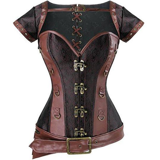 Brocade Steampunk Corsets with Pouch Belt Brown Color Clothing