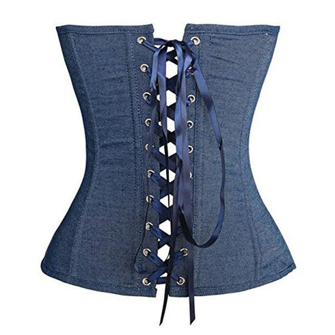 Classic Comfortable Blue Denim Jean Overbust Bustier Corset