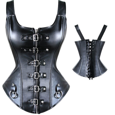 Black Faux Leather Steampunk Corset Basque Top