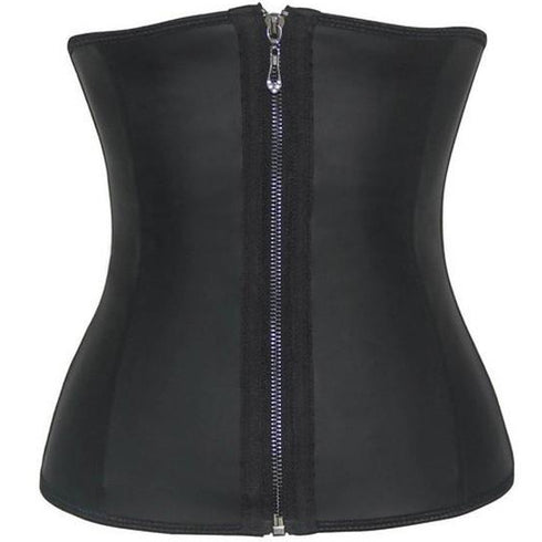 Black latex waist trainer corset with front zipper and hook & eye closure, featuring steel boning.