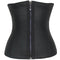 Black latex waist trainer corset with front zipper and hook & eye closure, featuring steel boning.