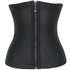 Black latex waist trainer corset with front zipper and hook & eye closure, featuring steel boning.