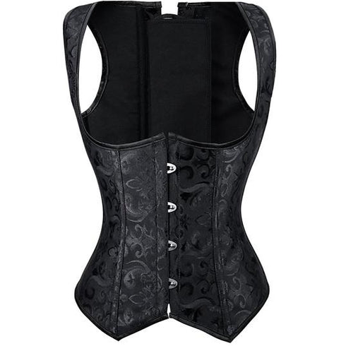 Black underbust waist trainer corset with brocade floral pattern, front busk closure, and adjustable lace-up back.