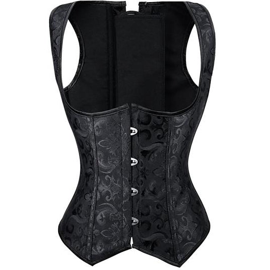 Black underbust waist trainer corset with brocade floral pattern, front busk closure, and adjustable lace-up back.