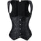 Black underbust waist trainer corset with brocade floral pattern, front busk closure, and adjustable lace-up back.