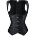 Black underbust waist trainer corset with brocade floral pattern, front busk closure, and adjustable lace-up back.