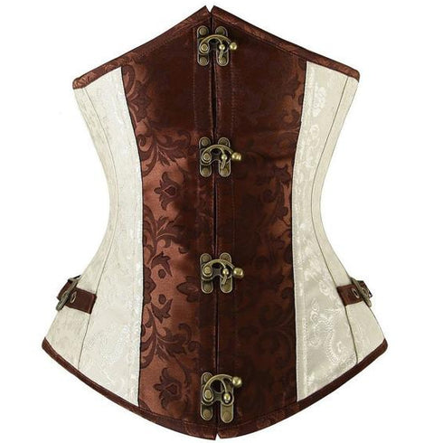 Renaissance Ivory Brown Steel Boned Steampunk Buckles Corset