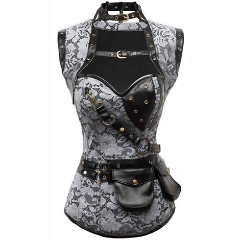 Steampunk Brocade Jacket Corset With Belt Pockets