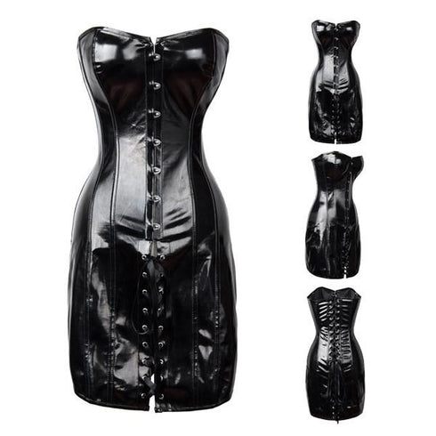 Steampunk Wetlook Leather Black Corset Long Dress Outfits