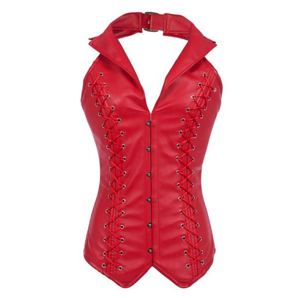 Vintage Faux Leather Steel Boned Collared Vest Corset