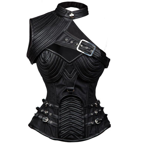 Steampunk Halter Buckles One-shoulder Ruffle Overbust Corset