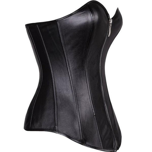 Zipper Front Faux Leather Overbust Corset Bustier Tops
