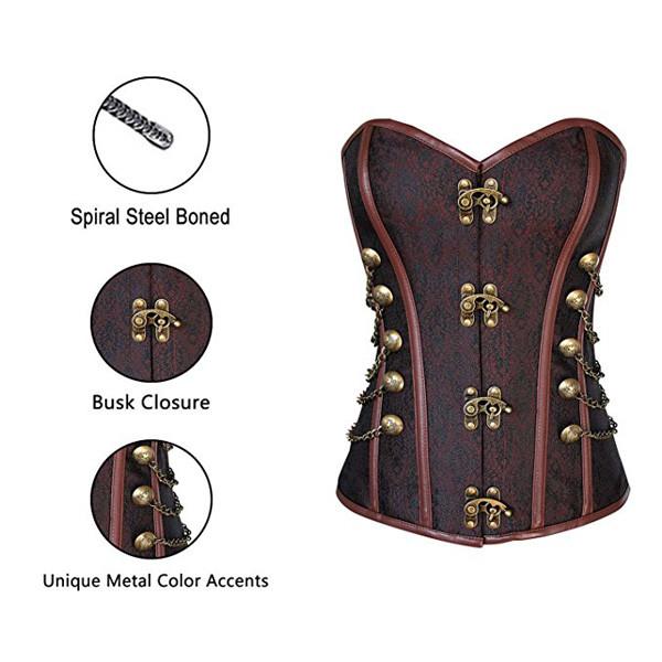  Moessa Women's Spiral Steel Boned Steampunk Gothic Bustier  Corset with Chains Basque Top 843-Coffee-3XL: Clothing, Shoes & Jewelry